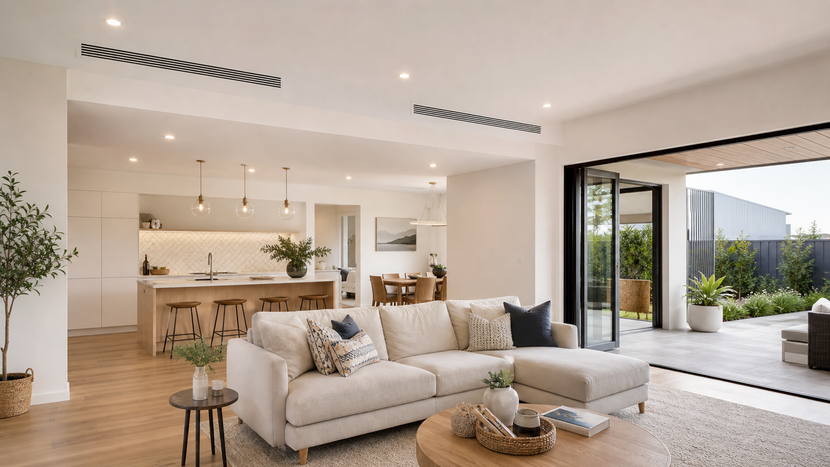 Salon moderne avec climatisation gainable discrète intégrée au plafond