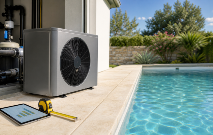 Pompe à chaleur de piscine avec éléments de mesure pour le dimensionnement