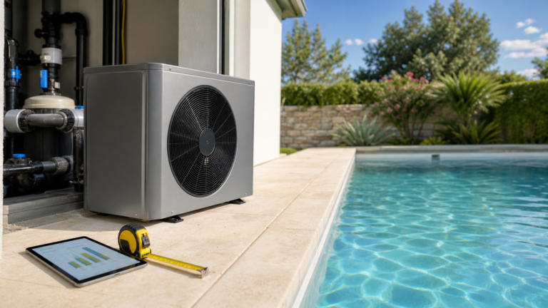Pompe à chaleur de piscine avec éléments de mesure pour le dimensionnement