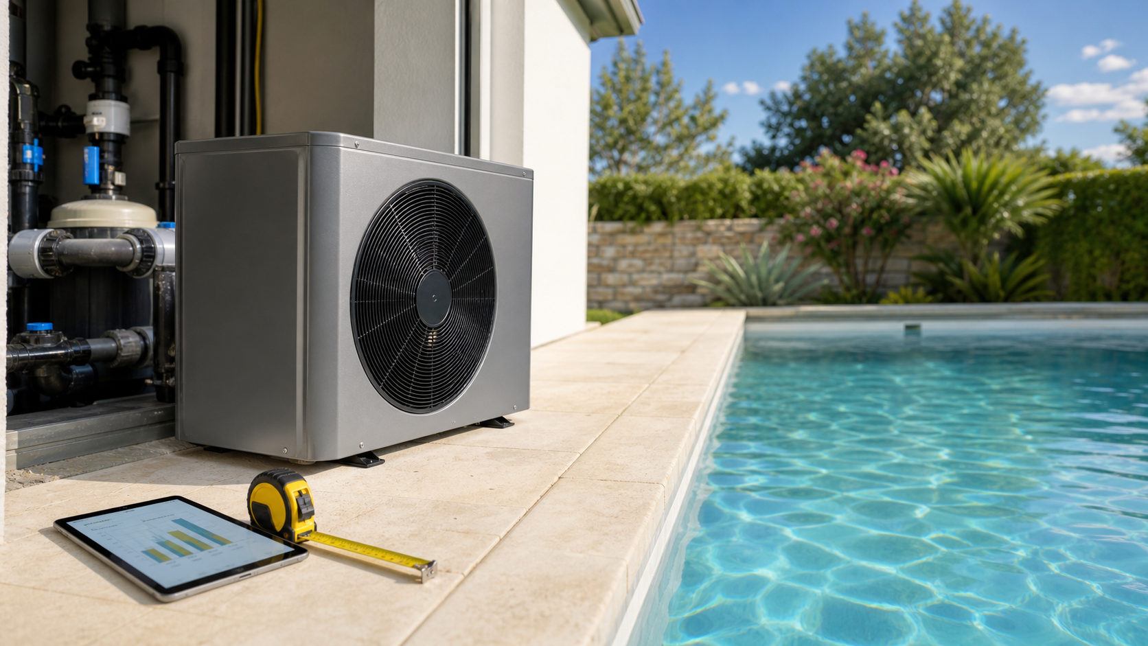 Pompe à chaleur de piscine avec éléments de mesure pour le dimensionnement