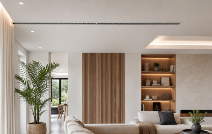 Grille de soufflage linéaire pour climatisation gainable dans un salon moderne