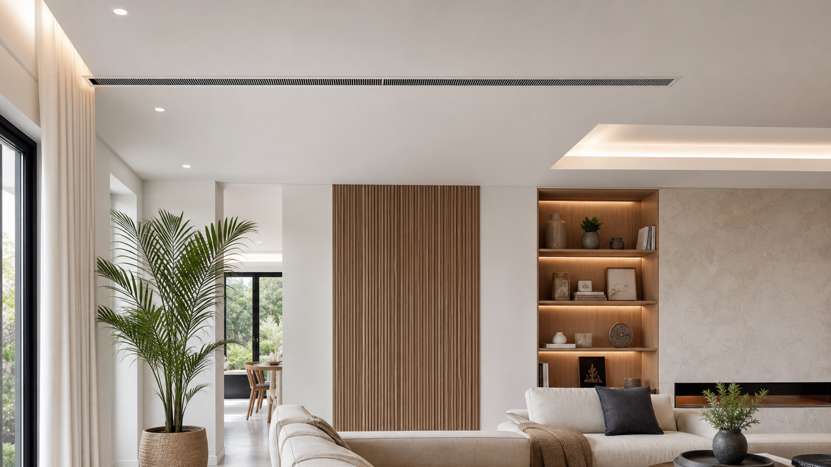 Grille de soufflage linéaire pour climatisation gainable dans un salon moderne