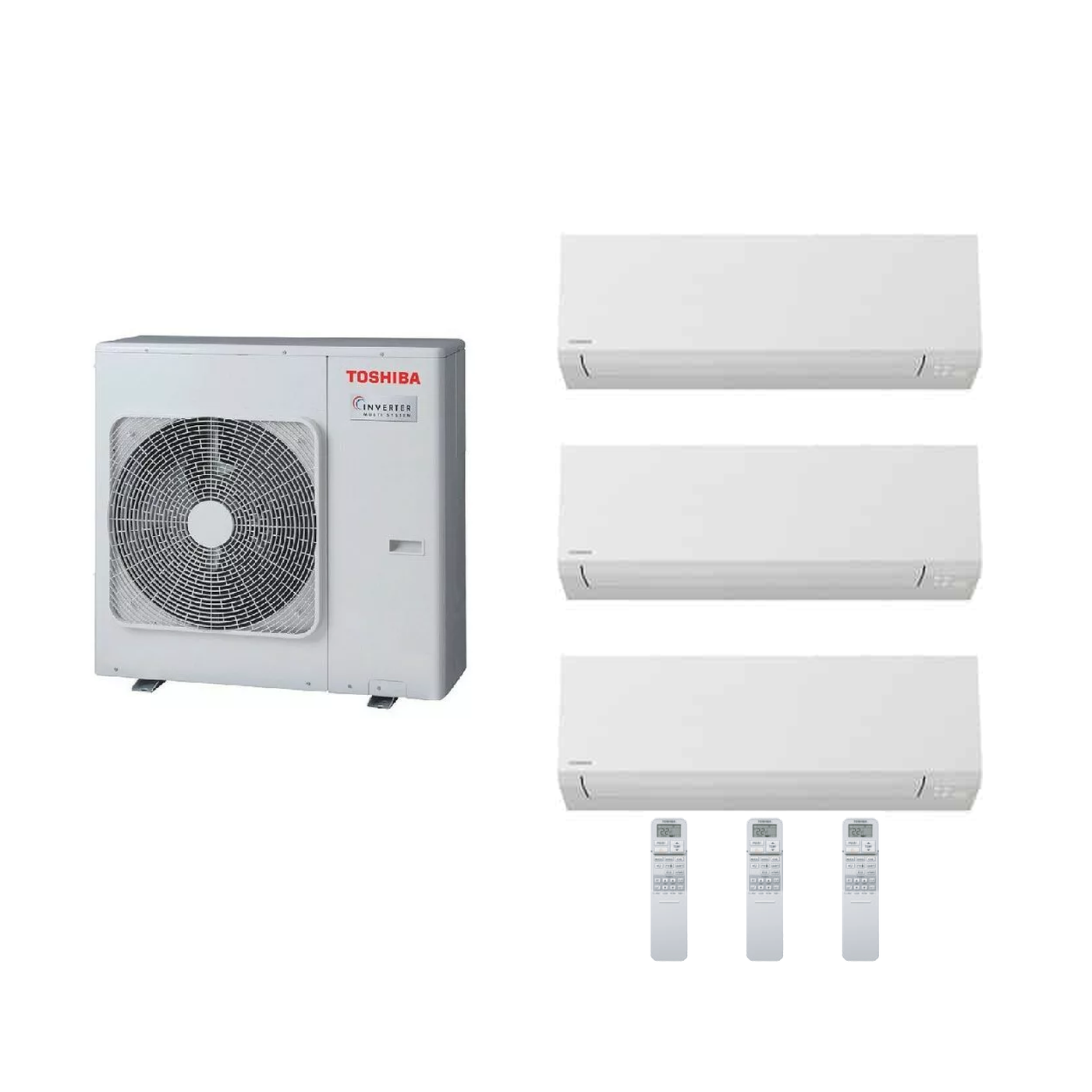 Pack Tri Split Toshiba Shorai Edge blanc avec groupe RAS-3M26G3AVG-E, 2 unités RAS-B07G3KVSG-E, 1 unité RAS-B10G3KVSG-E et 3 télécommandes