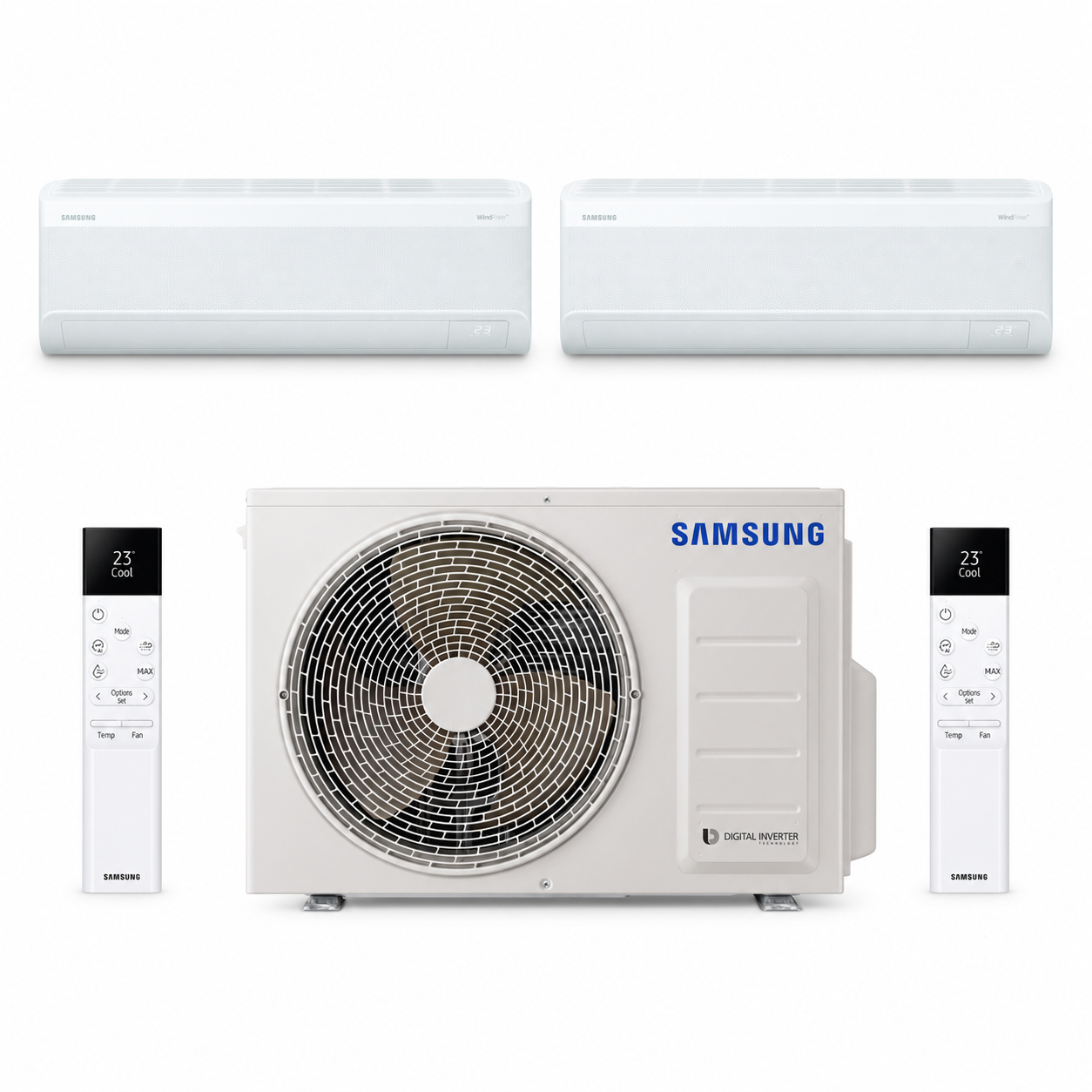 Pack Bi-Split Samsung WindFree Comfort S2 avec 2 unités AR60F09C1AWNEU, 2 télécommandes SolarCell et groupe AJ050TXJ2KG/EU