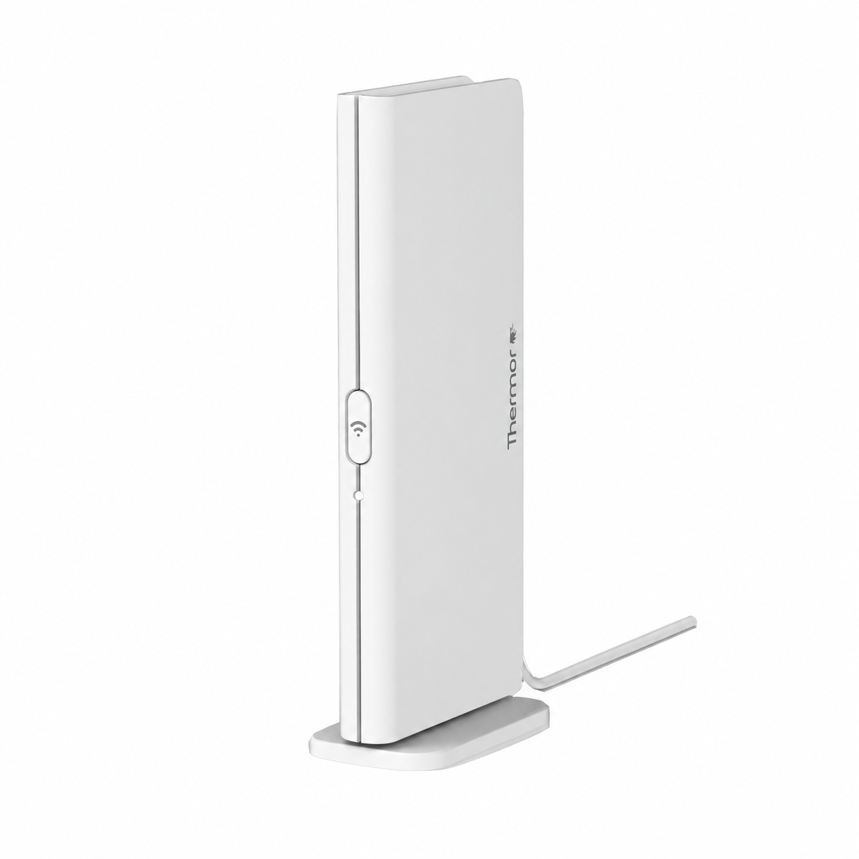 Un Bridge 2 Cozytouch Thermor 400991 blanc en position verticale sur son pied avec son câble USB