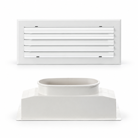 Kit avec une grille à lames courbes blanc mat et un plénum ABS C-PRO – composition sur visuels de gamme