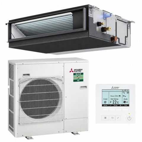 Pack Mitsubishi Electric : un groupe extérieur PUZ-ZM60VHA3, une unité gainable PEAD-M60JA3 et une télécommande filaire PAR-41MAA
