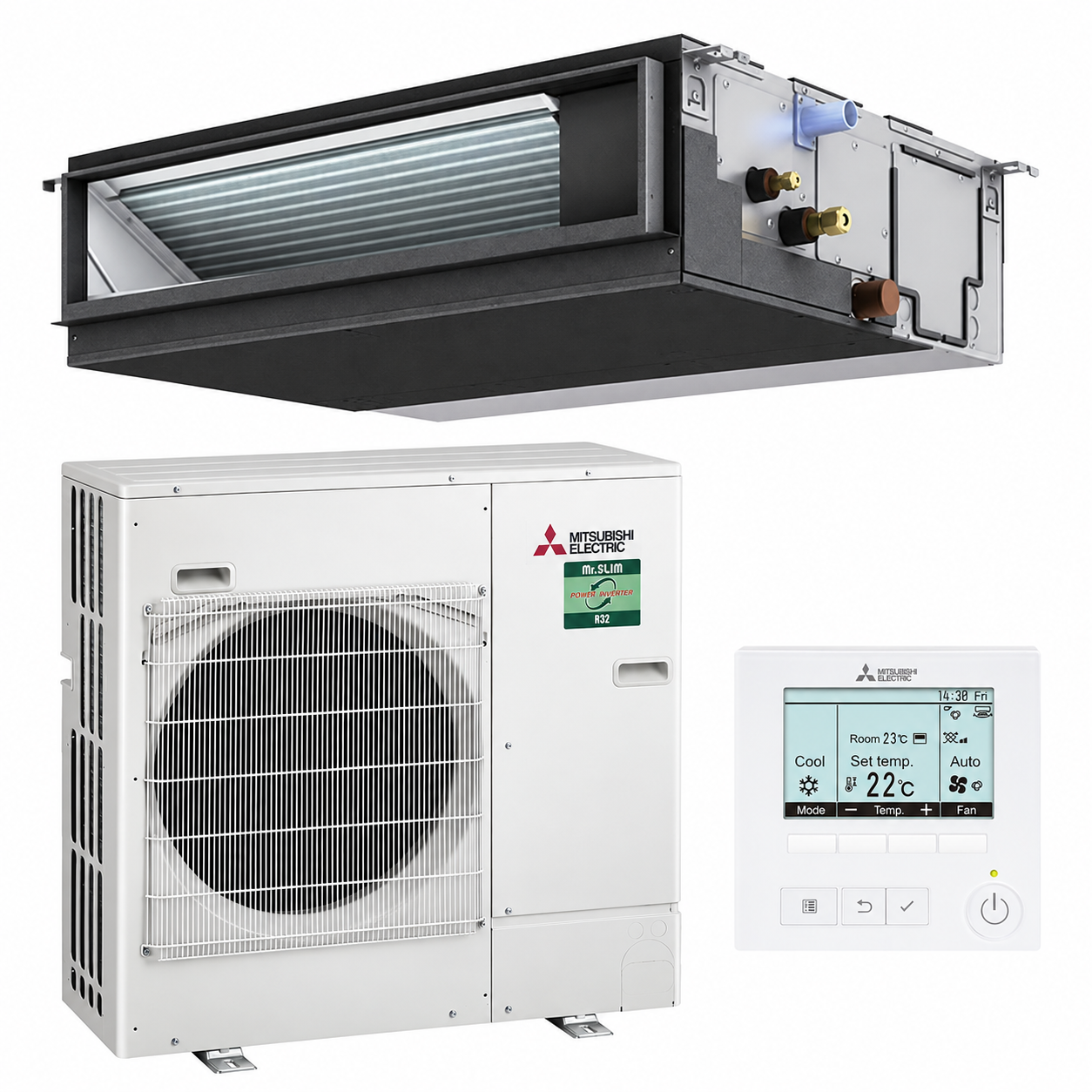 Pack Mitsubishi Electric : un groupe extérieur PUZ-ZM60VHA3, une unité gainable PEAD-M60JA3 et une télécommande filaire PAR-41MAA