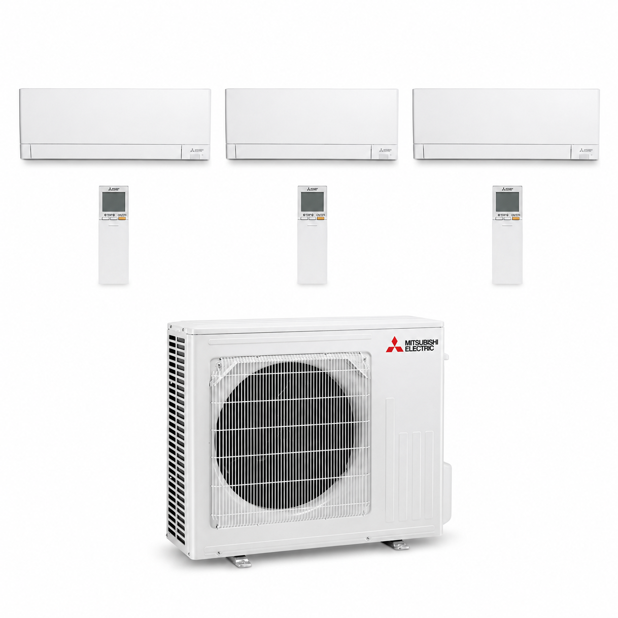 Pack Tri-Split Mitsubishi Electric Compact MXZ-3F54VF5 – 2x MSZ-AY15VGK2 + 1x MSZ-AY25VGK2, 3 télécommandes et un groupe extérieur