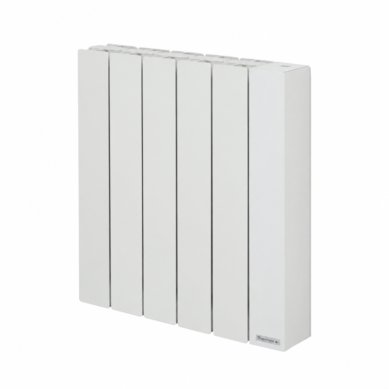Radiateur électrique Thermor Baléares 2 492431, horizontal blanc, 1 000 W, vu de trois quarts sur fond blanc