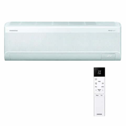 Unité intérieure Samsung WindFree Avant S2 AR70F12C1AWNEU avec une télécommande solaire SolarCell sur fond blanc