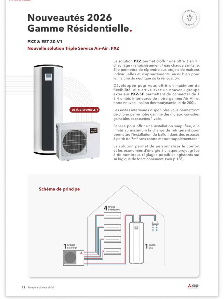 Solution Mitsubishi Electric PXZ Triple Service avec groupe extérieur, ballon ECS et quatre unités intérieures