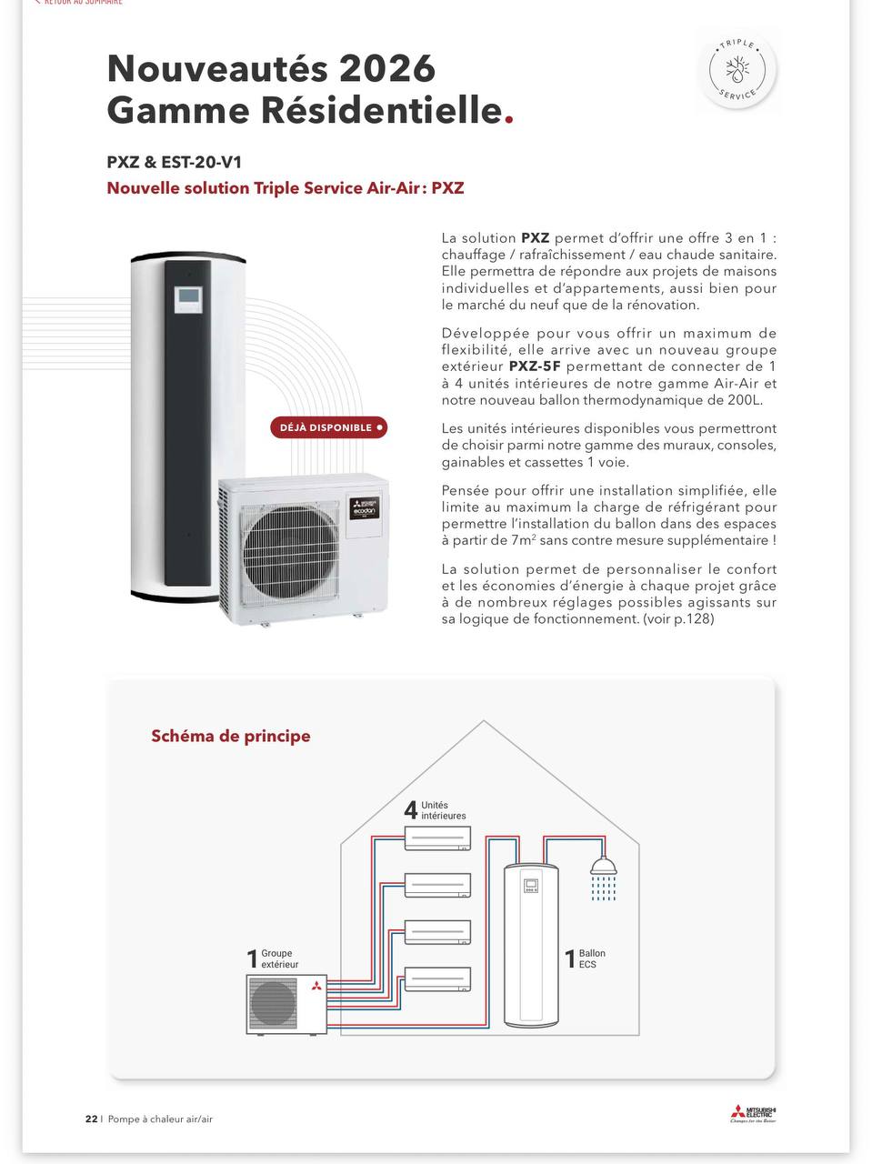 Solution Mitsubishi Electric PXZ Triple Service avec groupe extérieur, ballon ECS et quatre unités intérieures