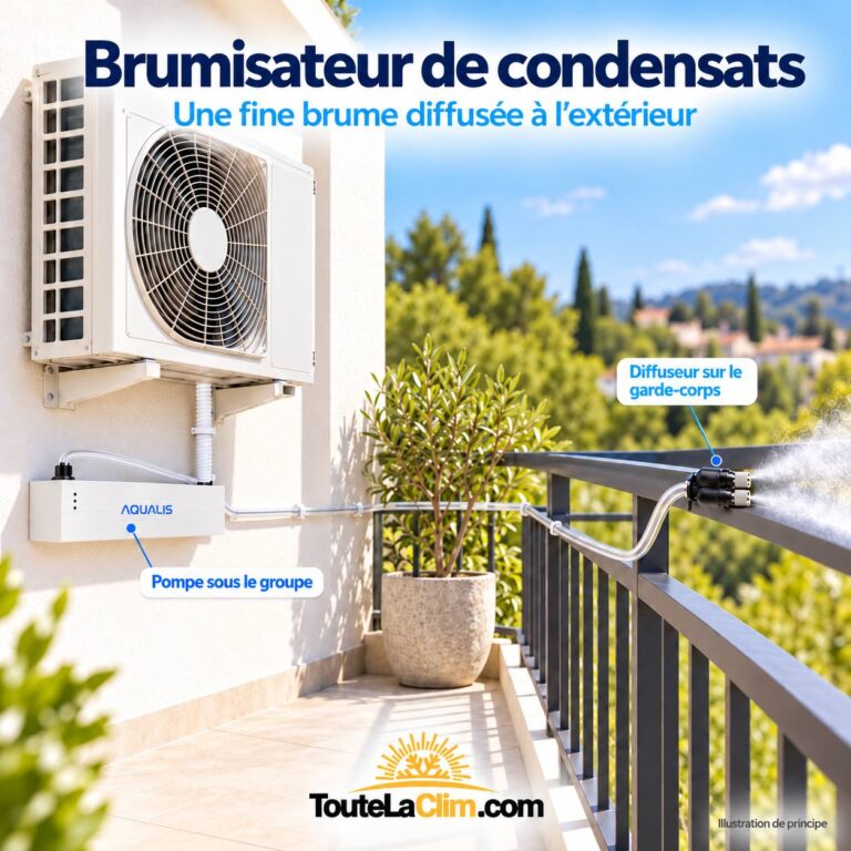Illustration de principe d’un brumisateur de condensats AQUALIS avec diffuseur près du garde-corps d’un balcon.