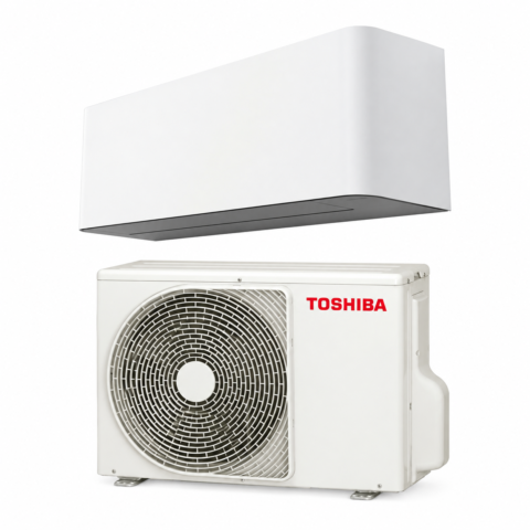 Une unité intérieure Toshiba Shorai Curve blanc mat et un groupe extérieur Toshiba, ensemble monosplit